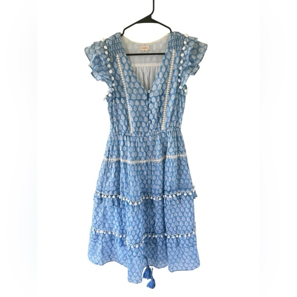 Kemble Shop Cece Pom Pom Blue Bohemian Midi Dress - Picture 2 of 9